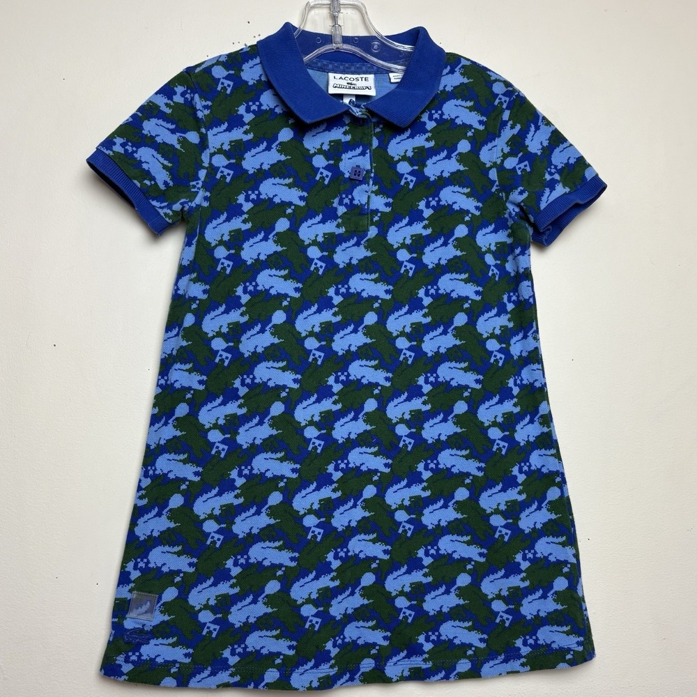 Girls' Lacoste X Minecraft Print Cotton Polo Dress Size 5 Blue Green